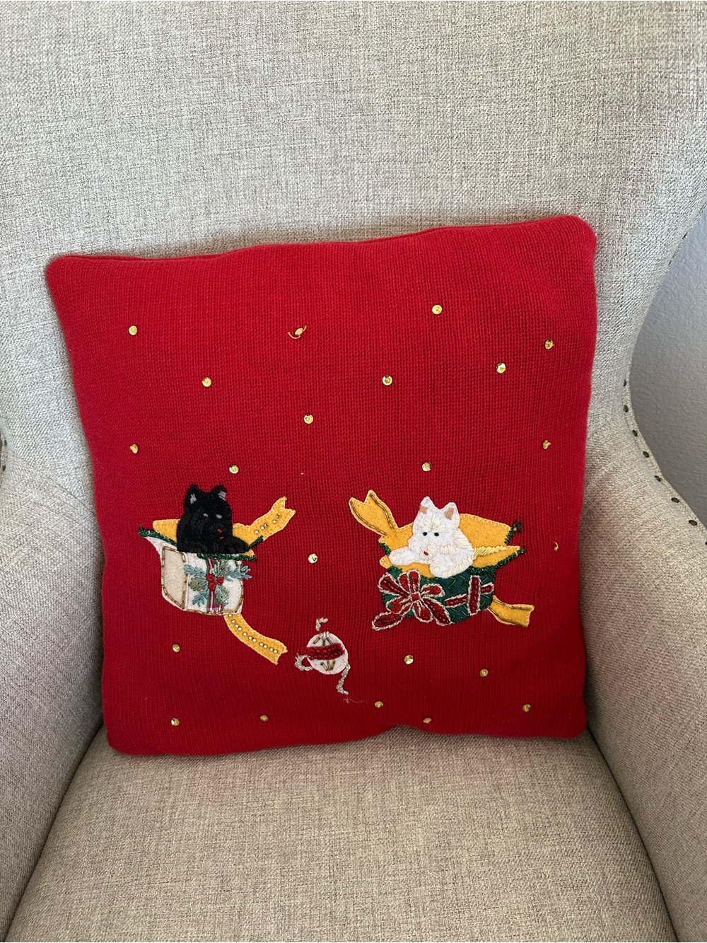 Festive Red Cat Holiday Throw Pillow vintage Christmas decor